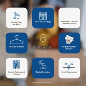 Graphics showing a list of 8 declutter tips for a stress free home