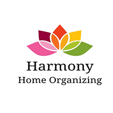 Business logo including a multicolor drawing of a water lily with the words "Harmony Home Organizing" underneath