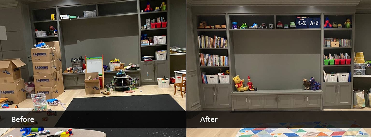 Before and After organizing image of bookshelves