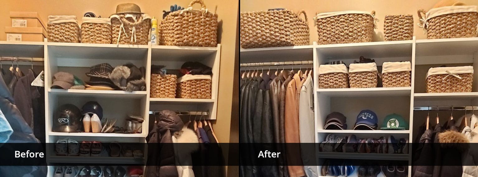 Before and After organizing image of bedroom closet